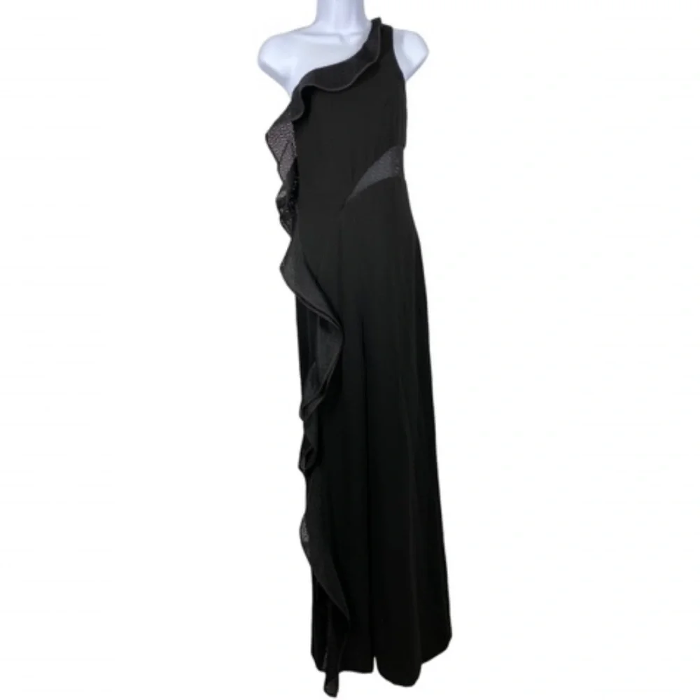 JONATHAN SIMKHAI One Shoulder Ruffle Diamond Mesh Jumpsuit